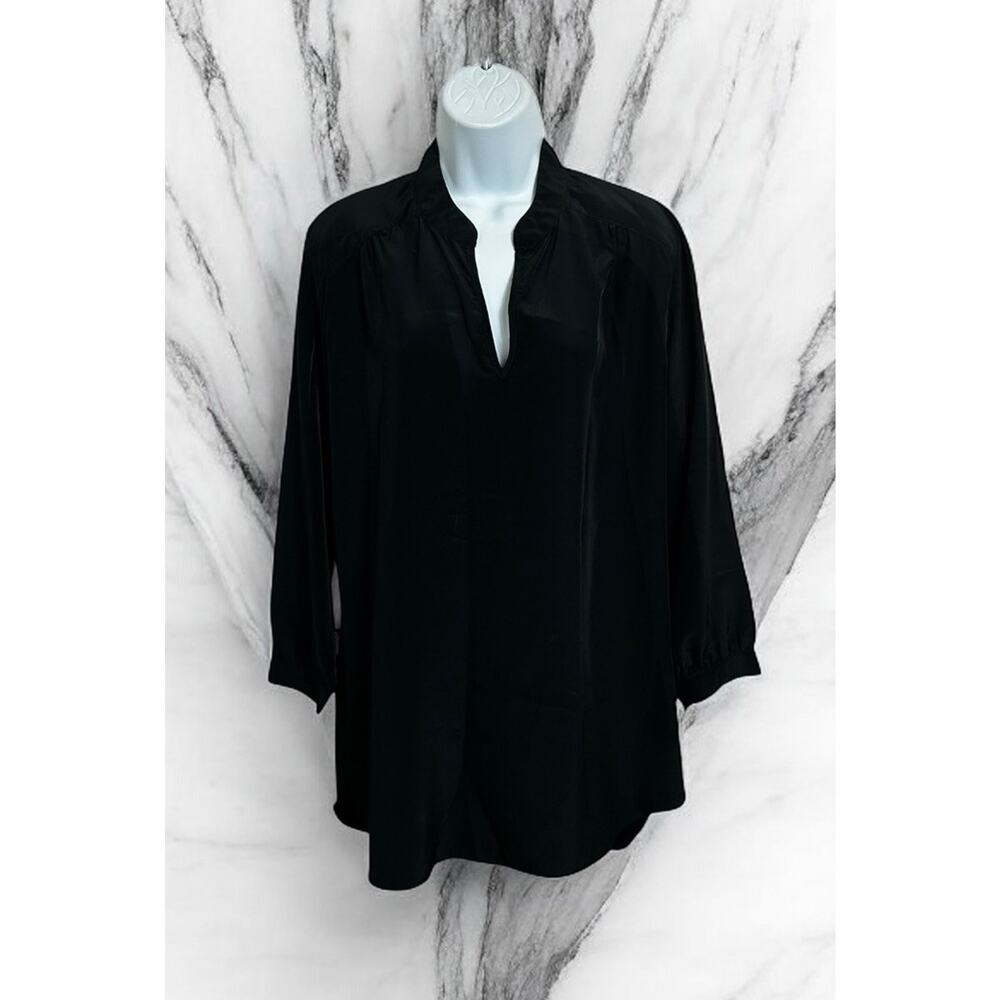 A-New York Black V-Neck Blouse Sz M Silky Long-Sleeve Loose Long Top Minimalist - Picture 2 of 8